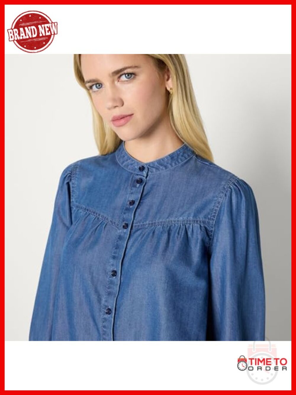 Women's Relaxed-Fit Denim Button-Front Chambray Blouse Tunic - Picture 2 of 6